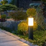 Closeup,of,glowing,bollard,lamp,in,residential,backyard,garden.,outdoor